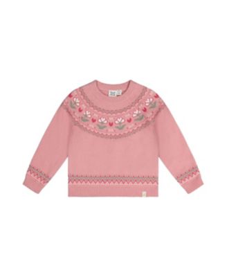 Girls' Flower Jacquard Yoke Ribbed Cuff Sweater - Little Kid