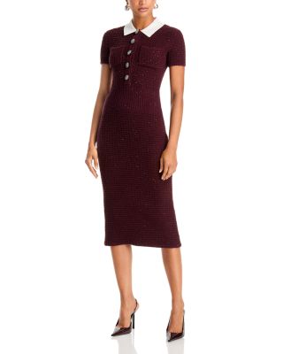 Textured Knit Contrast Collar Midi Dress