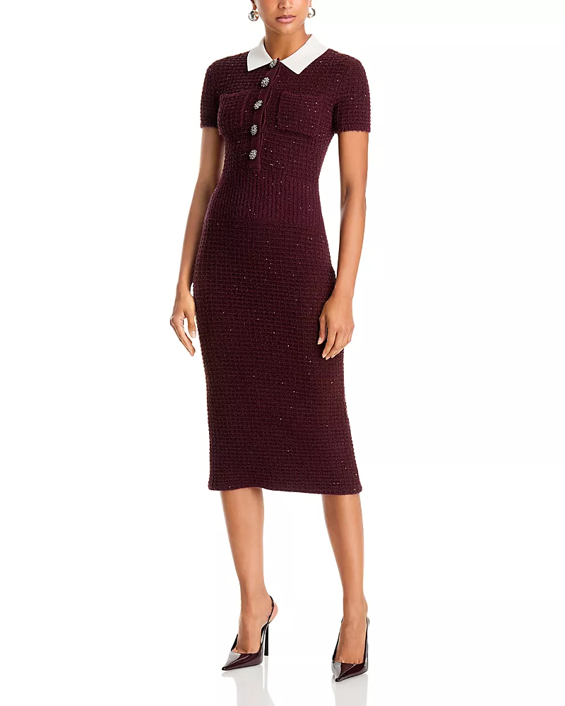 Self-Portrait Textured Knit Contrast Collar Midi Dress
