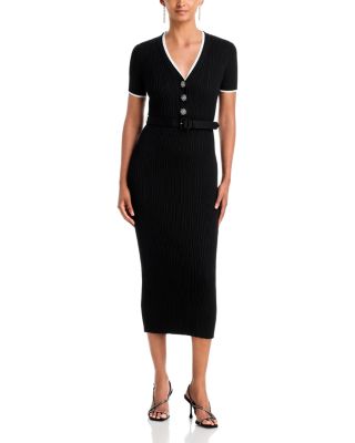 V Neck Belted Rib-Knit Midi Dress - Exclusive