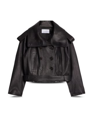 Leather High Collar Double Breasted Jacket