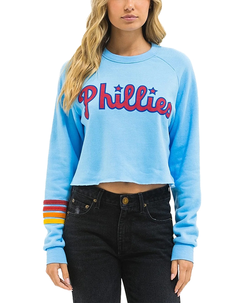 Aviator Nation Phillies Rugby Stitch Graphic Cropped Crewneck Sweatshirt