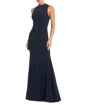  High Neck Sleeveless Beaded Jersey Fitted Gown