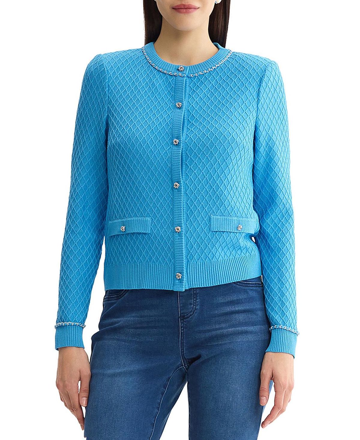 Ming Wang Raised Diamond Ribbed Knit Cardigan
