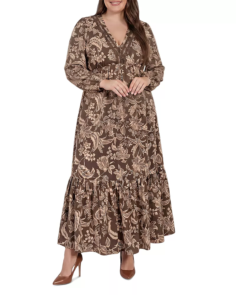 standards & practices Plus Printed V Neck Balloon Sleeve Maxi Dress
