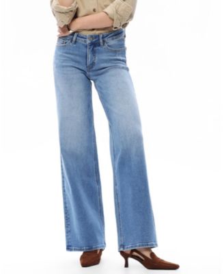  Mid Rise Wide Leg Denim Jeans Stretch Comfortable in Medium Blue