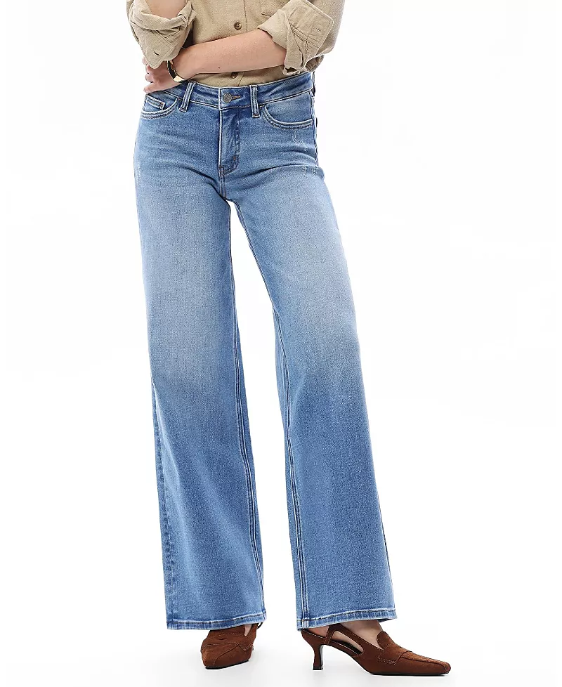 Bayeas Mid Rise Wide Leg Denim Jeans Stretch Comfortable in Medium Blue