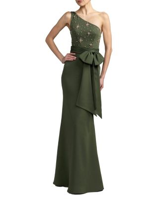  Beaded One Shoulder Crepe Gown With Bow