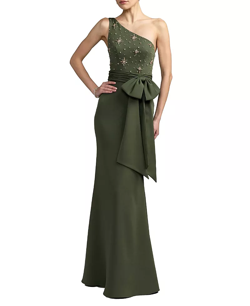 Mac Duggal Beaded One Shoulder Crepe Gown With Bow