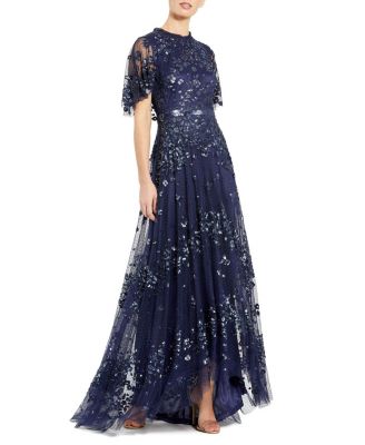  Petite Sequined High Neck Flutter Sleeve A Line Gown