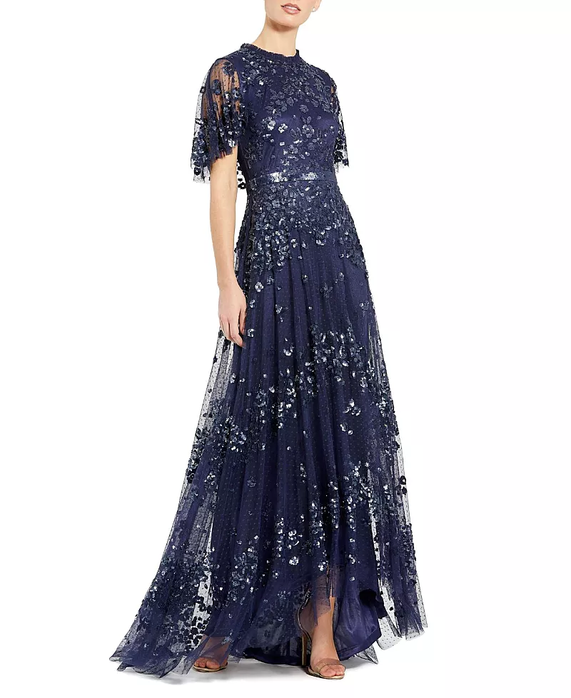 Mac Duggal Petite Sequined High Neck Flutter Sleeve A Line Gown