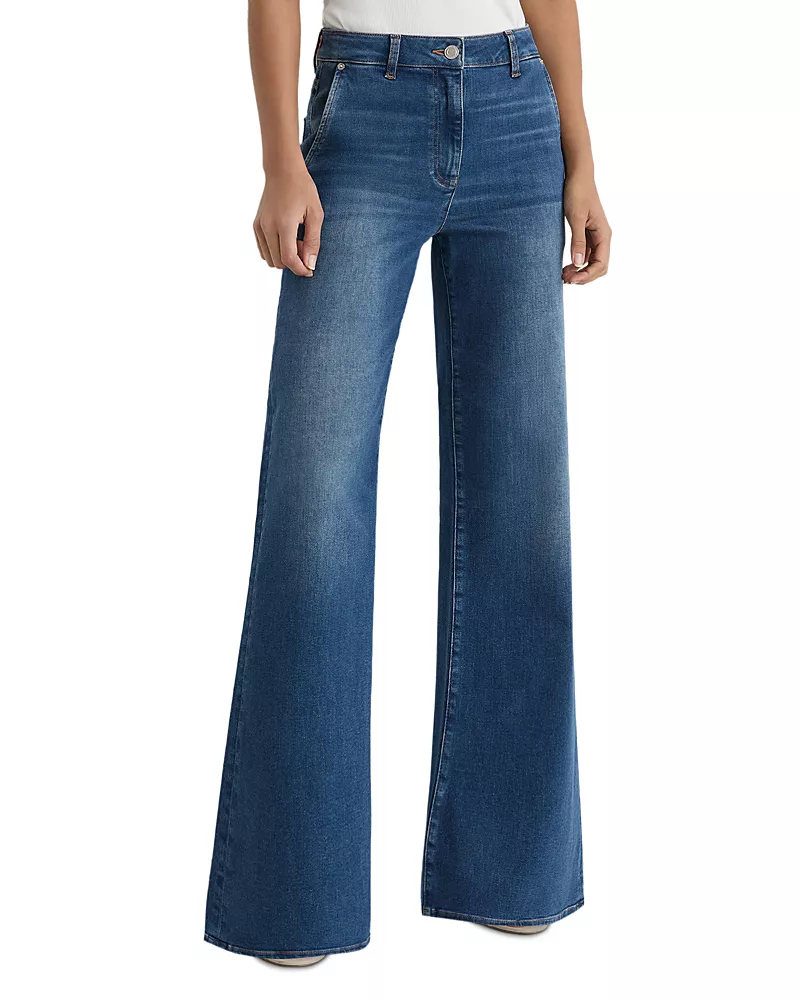 Reiss Petite Addie Cotton Blend Stretch High Rise Wide Leg Jeans in Mid Blue