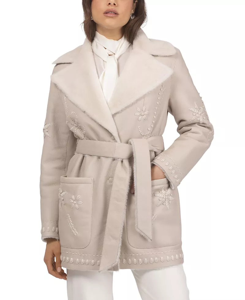 Gorski Merino Shearling Lamb Jacket with Embroidery and Belt