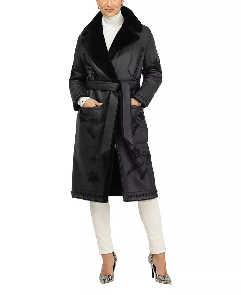 Gorski Merino Shearling Lamb Short Coat with Embroidery and Belt