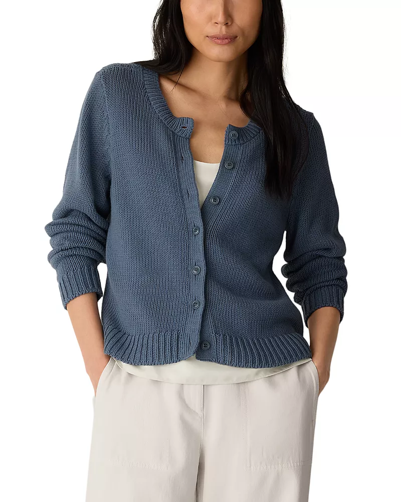 Eileen Fisher Cotton Crewneck Cardigan Sweater