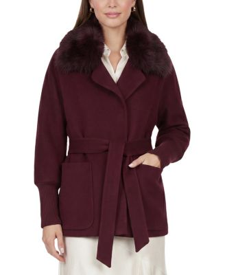  Fabric Jacket with Detachable Shearling Lamb Collar, Belt