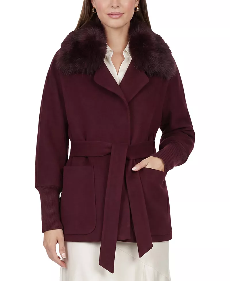 Gorski Fabric Jacket with Detachable Shearling Lamb Collar, Belt