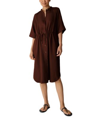 Silk Mandarin Collar Drawstring Waist Dress