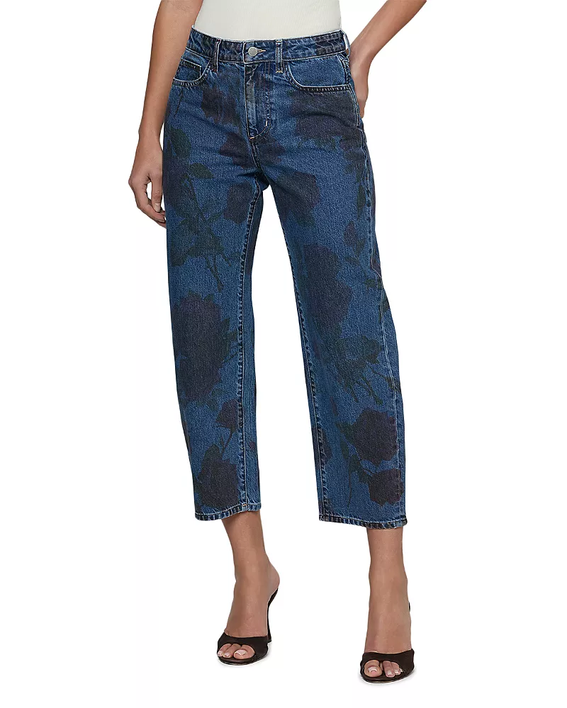 L'Agence Mallis High Rise Printed Bow Leg Jeans in Burgundy Romantic Rose