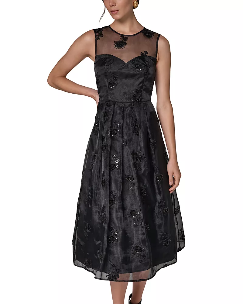 Donna Karan New York Illusion Neck Bead Embroidered Fit & Flare Dress