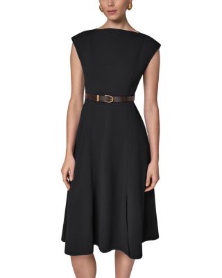 Cap Sleeve Boat Neck Belted A Line Dress 
