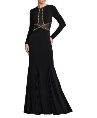  Long Sleeve Sheer Cut Out Jersey Mermaid Gown