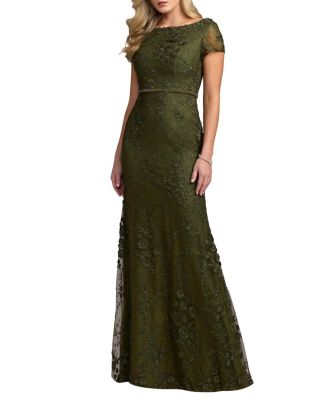 Women s Floral Applique Boat Neck Cap Sleeve Gown