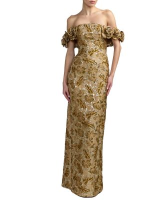  Brocade 3D Flower Off The Shoulder Mermaid Gown