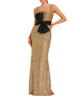 Mac Duggal Sequin Column Gown with Scoop Neck and Faille Bow