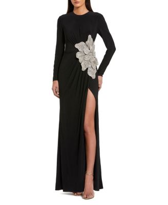 Mac Duggal Petite Floral Applique Long Sleeve Jersey Gown
