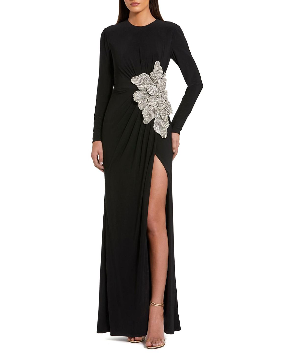 Mac Duggal Petite Floral Applique Long Sleeve Jersey Gown