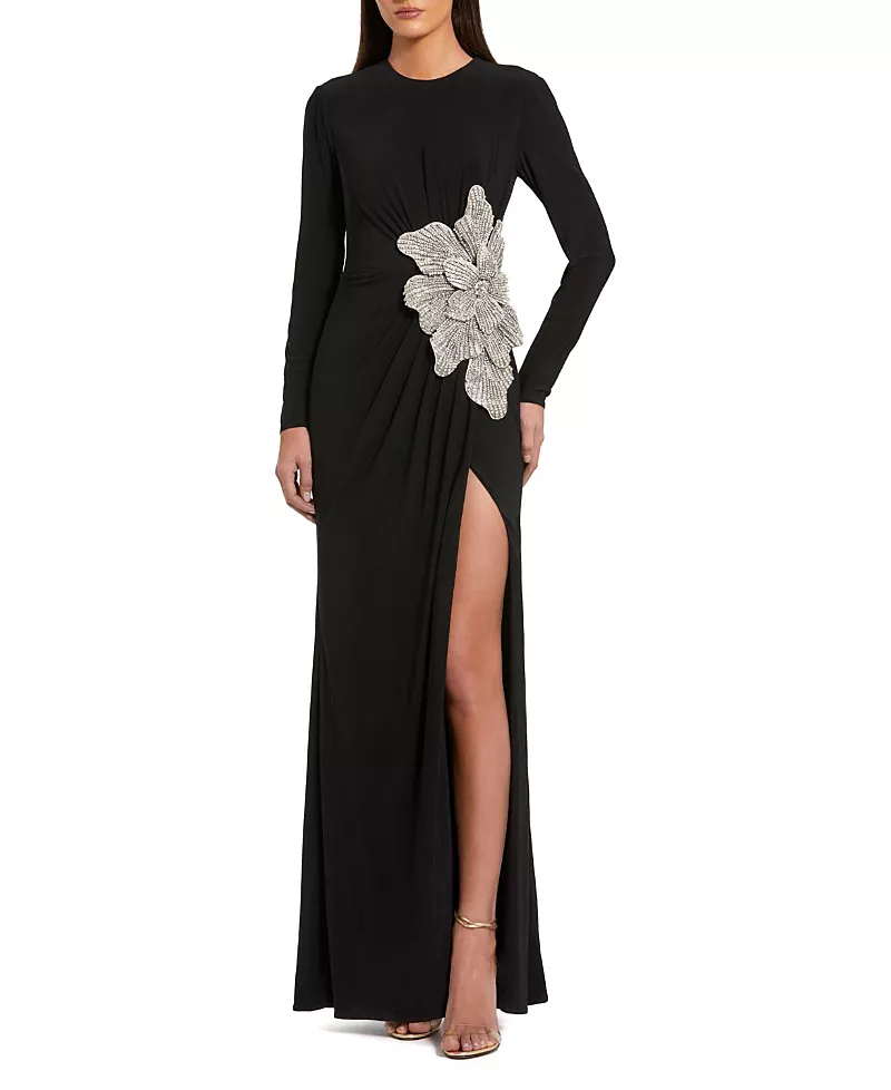 Mac Duggal Petite Floral Applique Long Sleeve Jersey Gown