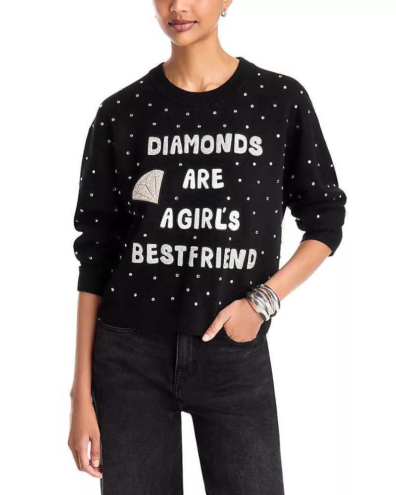 Alice and Olivia Perry Wool Blend Embroidered Rhinestone Sweater