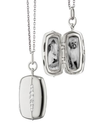 Sterling Silver Slim Lockets White Sapphire Rectangular Pendant Necklace, 16-18"