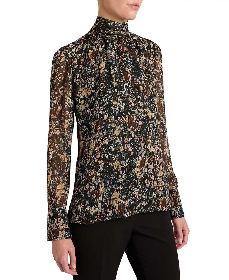 Santorelli Phoenix Mock Neck Blouse in Abstract Floral Georgette
