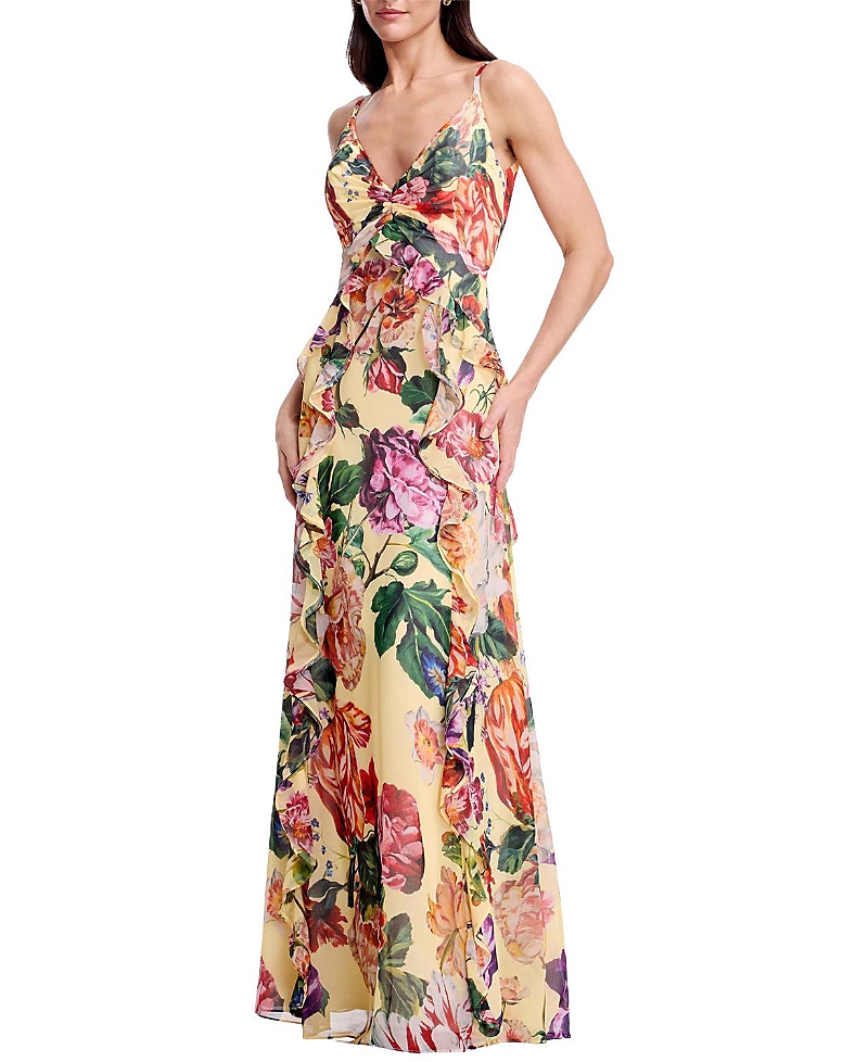 Dress The Population Jayden V-neck Floral Print Cascade Ruffle Gown In Golden Floral Multi