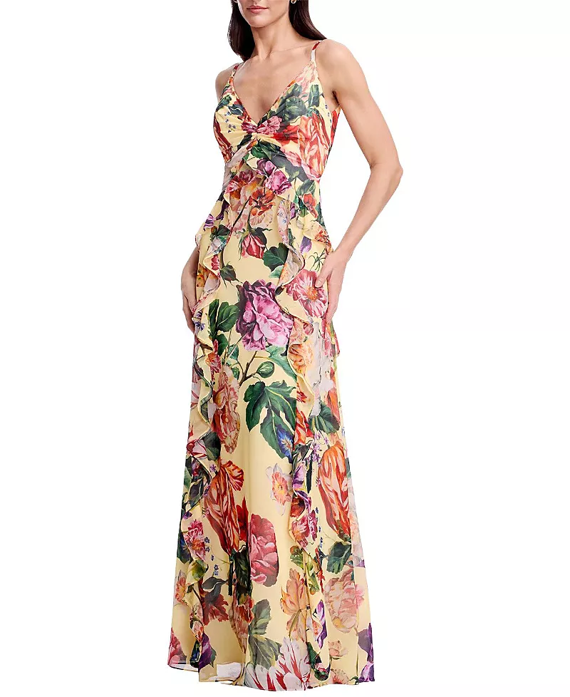Dress the Population Jayden V-Neck Floral Print Cascade Ruffle Gown
