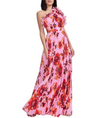 Dress The Population Vida One Shoulder 3d Floral Ruffle Pleated Gown In Bright Rose