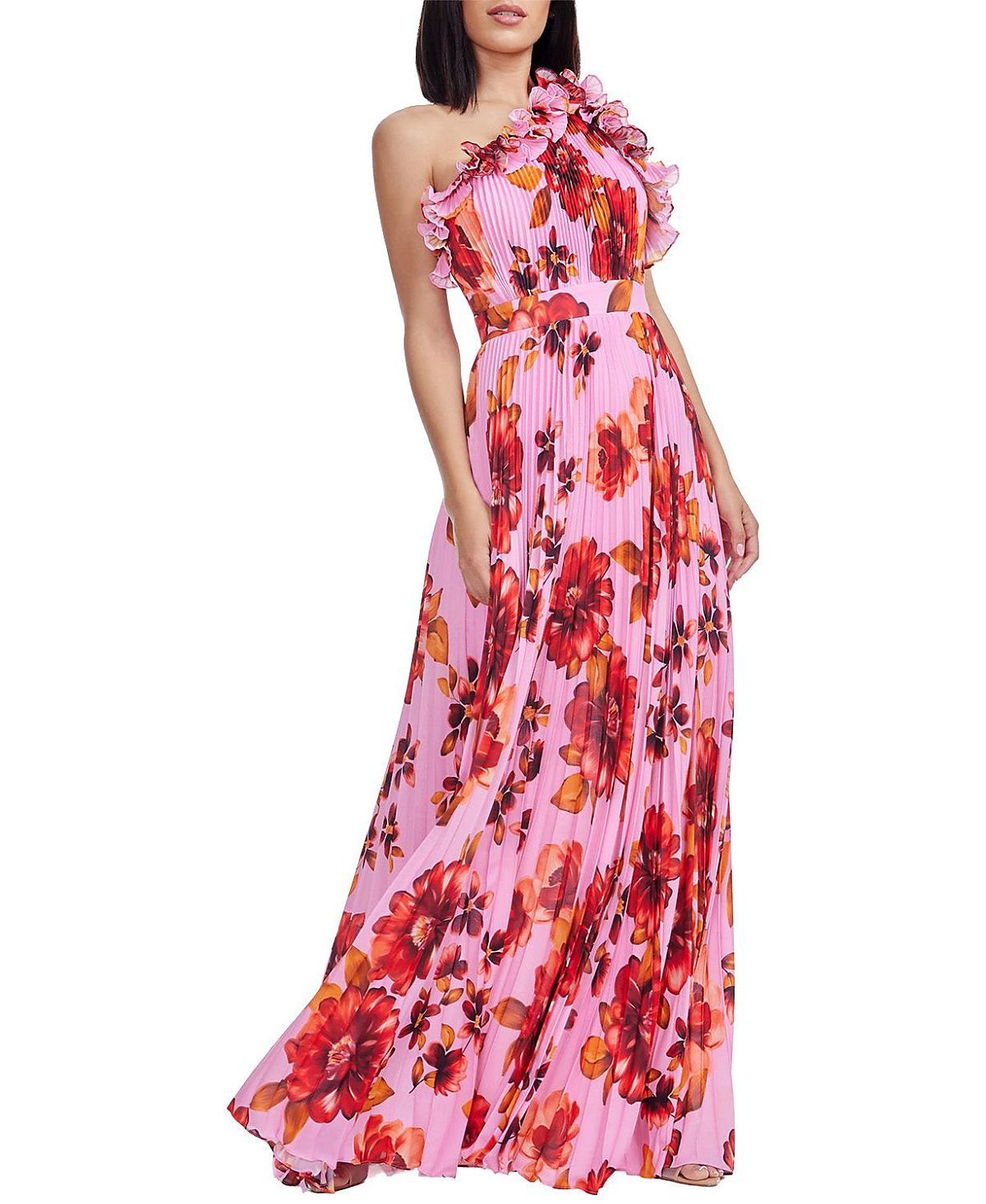 Dress the Population Vida One Shoulder 3D Floral Ruffle Pleated Gown