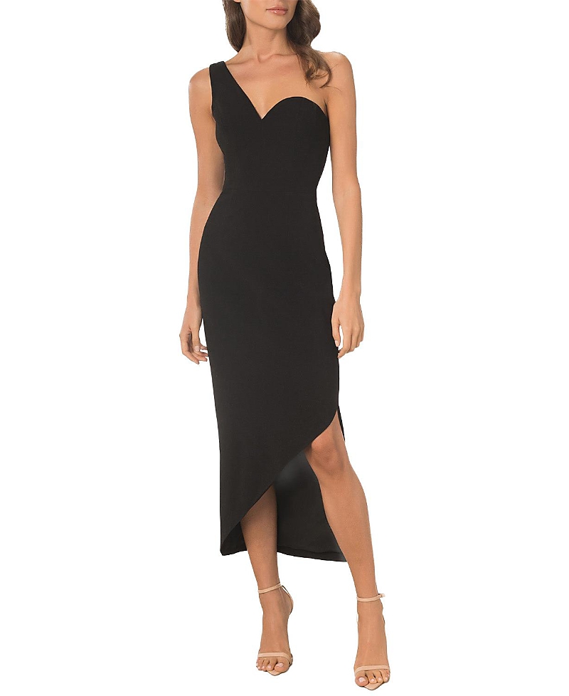 Dress The Population Magnolia One Shoulder Asymmetric Midi Dress In Black