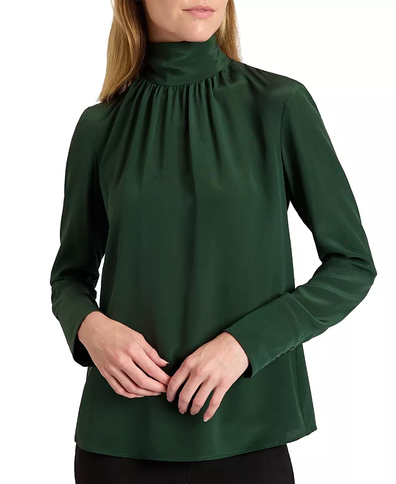 Santorelli Phoenix Mock Neck Blouse in Silk Crepe de Chine