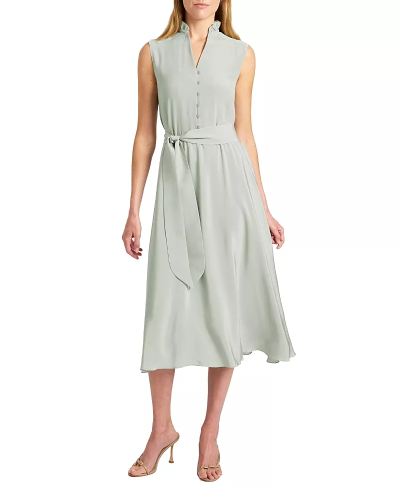 Santorelli Nirva Silk Sleeveless Ruffle-Neck Midi Dress