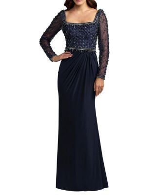 Mac Duggal Beaded Jersey Square Neck Long Sleeve Gown