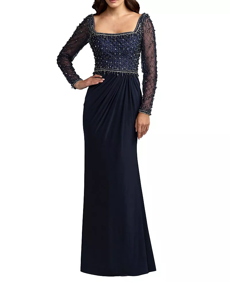 Mac Duggal Beaded Jersey Square Neck Long Sleeve Gown