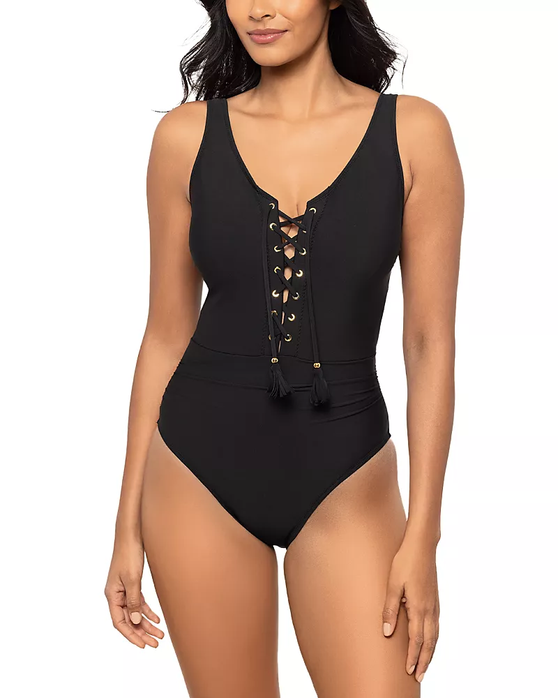 Magicsuit Solid Bronte Lace Up Tasseled Swimsuit