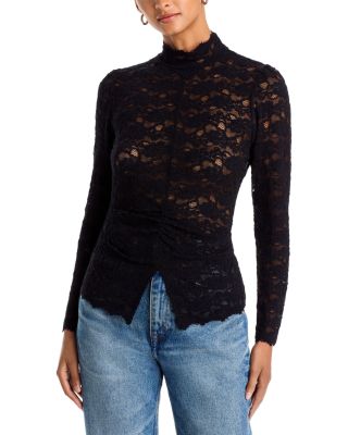 Long Sleeve Lace Flocked Mock Neck Top - Exclusive