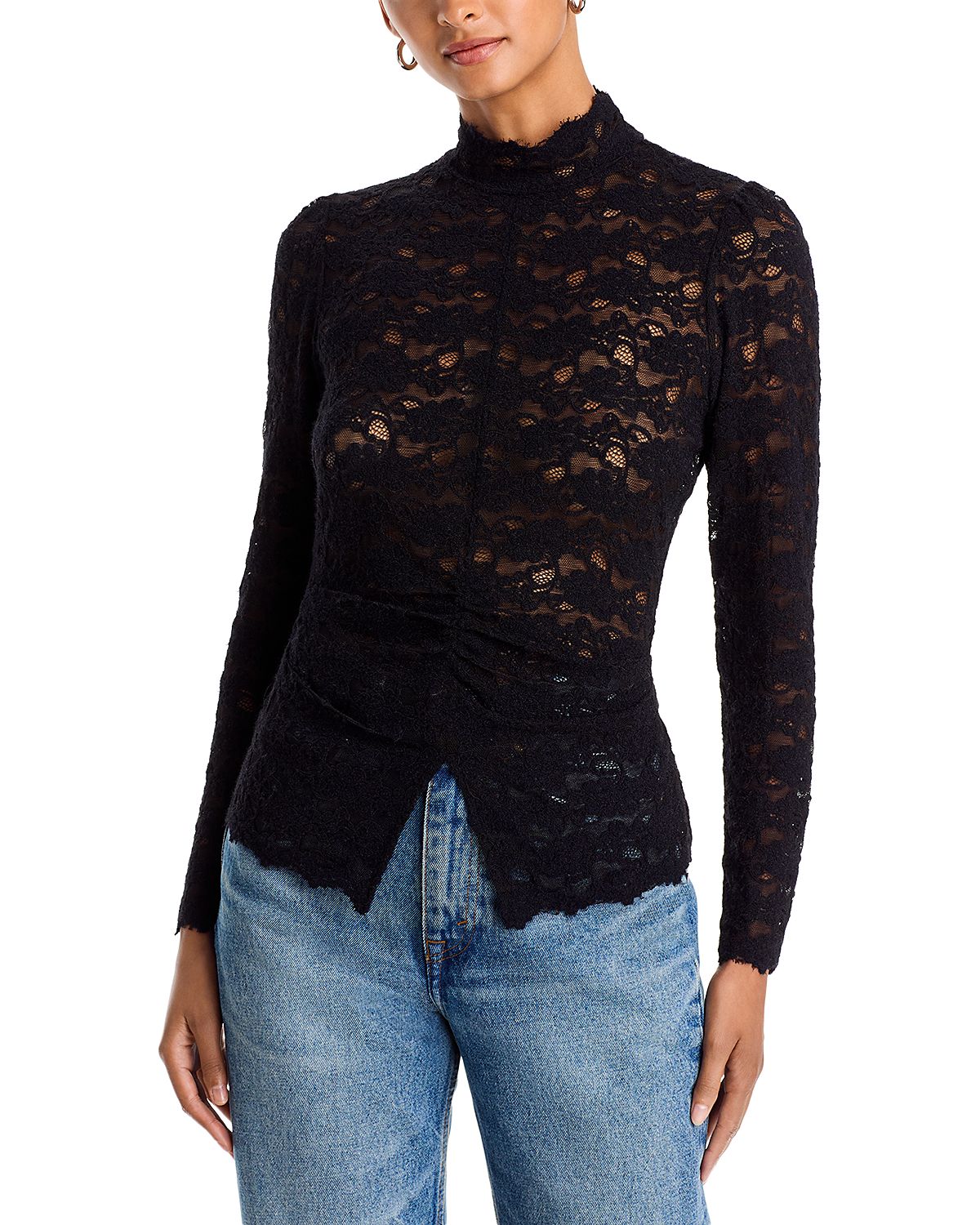 Aqua Long Sleeve Lace Flocked Mock Neck Top - Exclusive