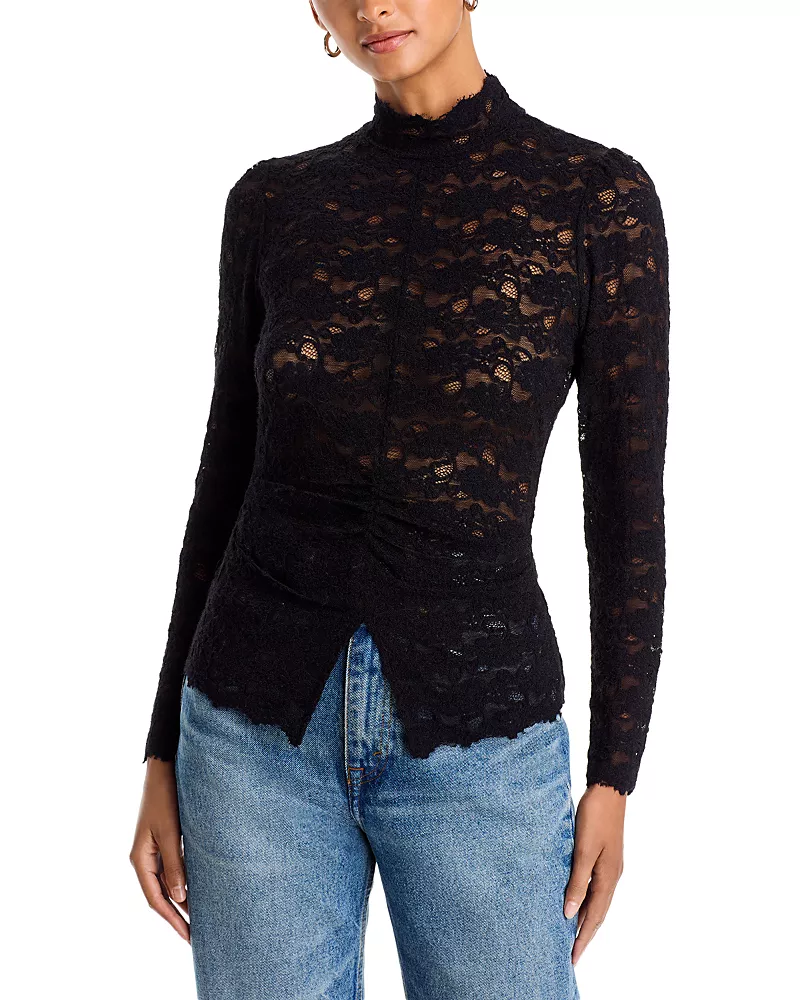 Aqua Long Sleeve Lace Flocked Mock Neck Top - Exclusive