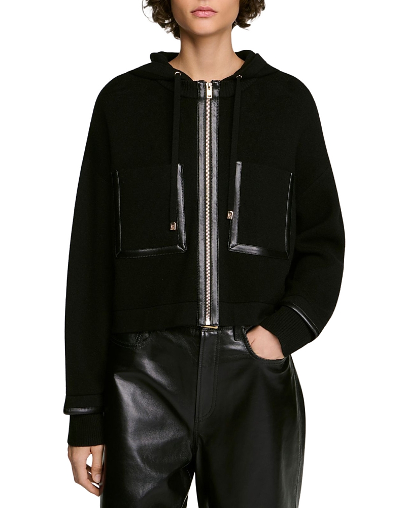 Sandro Arlo Hooded Leather Trim Cardigan