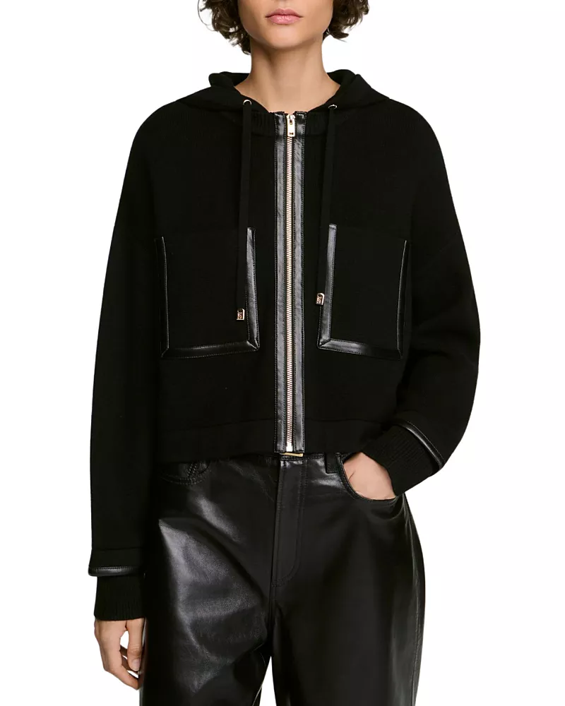 Sandro Arlo Hooded Leather Trim Cardigan